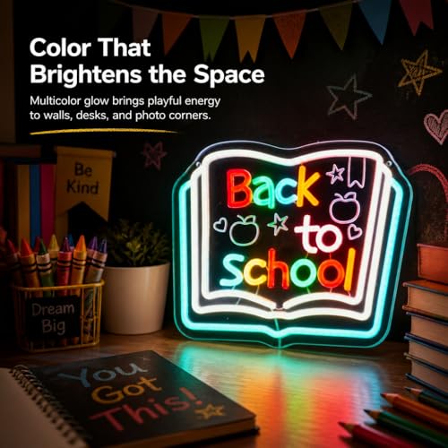 Image of Back to School Neon Sign, Classroom LED, 13.8 inch x 11 inchIN | Chalkboard Style, Typography with Apple & Stars, Study Room Decor, For Kids & Teachers