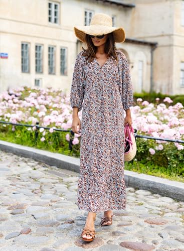 Image of miduo Womens Loose Fit Casual Summer V Neck Half Sleeve Bohemian Geometric Pattern Maxi Long Dresses