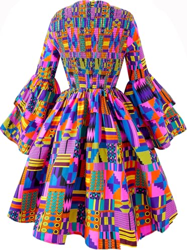 Image of Women's African Ruffle Long Sleeve Dress Ankara Print Maxi Dresses