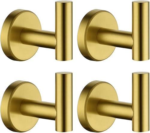 JQK Gancho para toallas de baño, color oro cepillado, gancho de latón para ropa para baño, cocina, garaje, montaje en pared (paquete de 4), acero