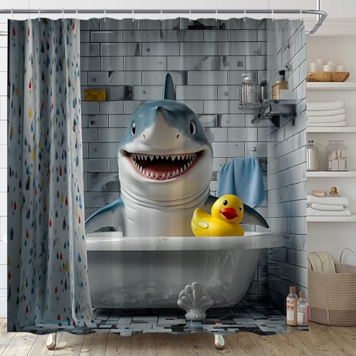 HWSSHW Funny Shark Shower Curtain Cartoon Ocean Animal in Bathtub Rubber Duck Marine Life Kids Fabric Bathroom Curtain Set with Hooks