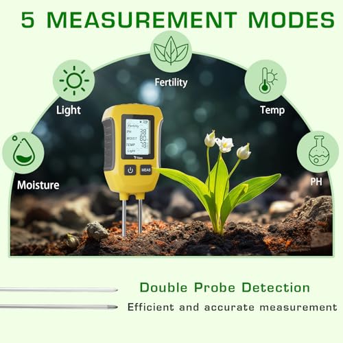 TRJZWA Feuchtigkeitsmessgerät Pflanzen 5 in 1, Bodenmessgerät für Fruchtbarkeit/PH/Bodenfeuchte/Temperatur/Sonnenlichtintensität, mit Beleuchtetem LCD-Display Feuchtigkeitsmesser für Garten und Rasen