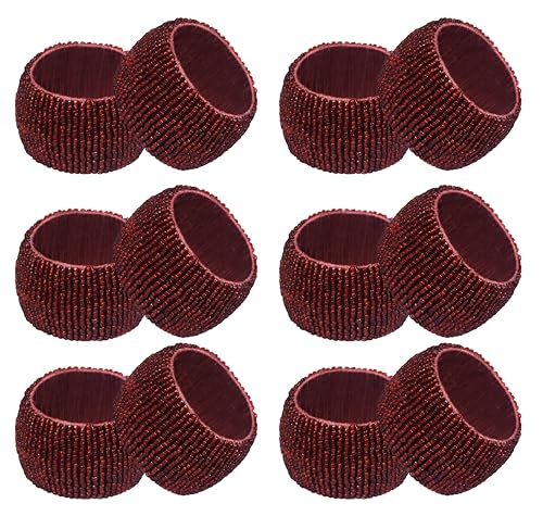 Image of COTTON CRAFT Glitz Beaded Napkin Rings - Set of 12 - Handmade Burgundy Napkin Ring Holders for Dining Table Decor - Elegant Beaded Napkin Rings for Weddings, Parties, Brunch, Holiday Table Settings
