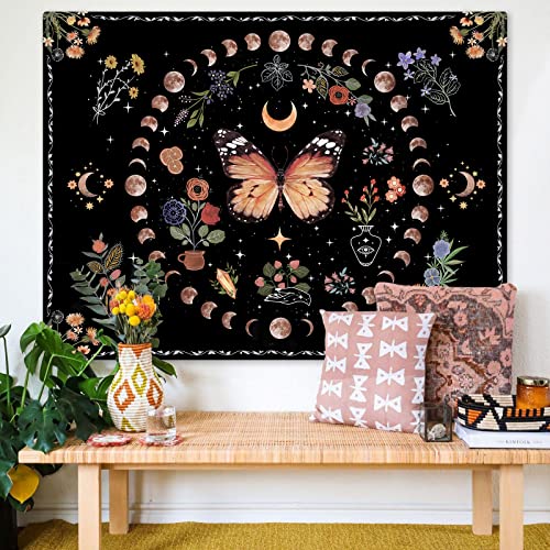 Fowocu Tapeçaria de flor de borboleta laranja boho floral tapeçaria de planta para quarto tapeçaria