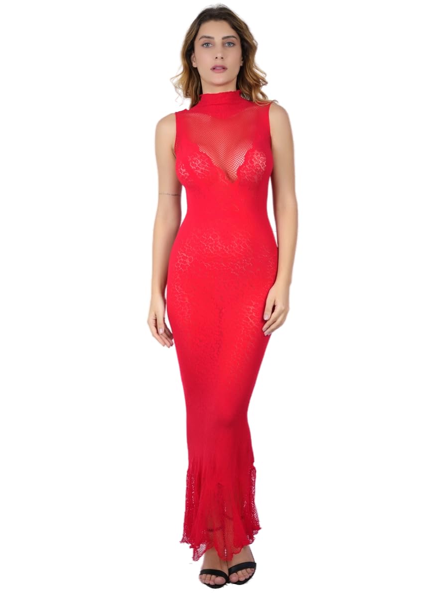 shanxi Red Sleeveless Lace Maxi Dress with Mock Neck and Mesh Detail-picture-18