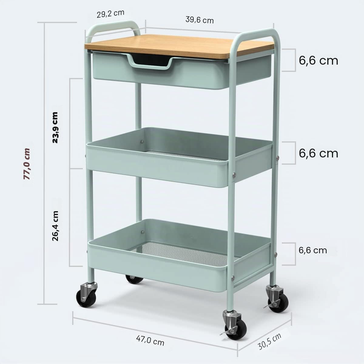 Chariot de Rangement à 3 Niveaux avec et roulettes et Tiroir Desserte Meuble Organisation pour Bureau D'atelier et Cuisine Lessive Salle de Bain (Vert)