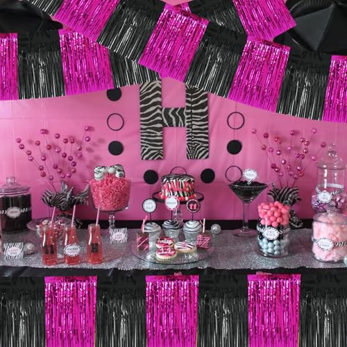 Image of BEISHIDA 3 Packs Metallic Foil Fringe Garland Black Hot Pink Wall Hanging Tinsel Fringe Banners for Car Floats Bridal Shower Wedding Birthday Graduation Holiday Party Decoration(30 Feet)