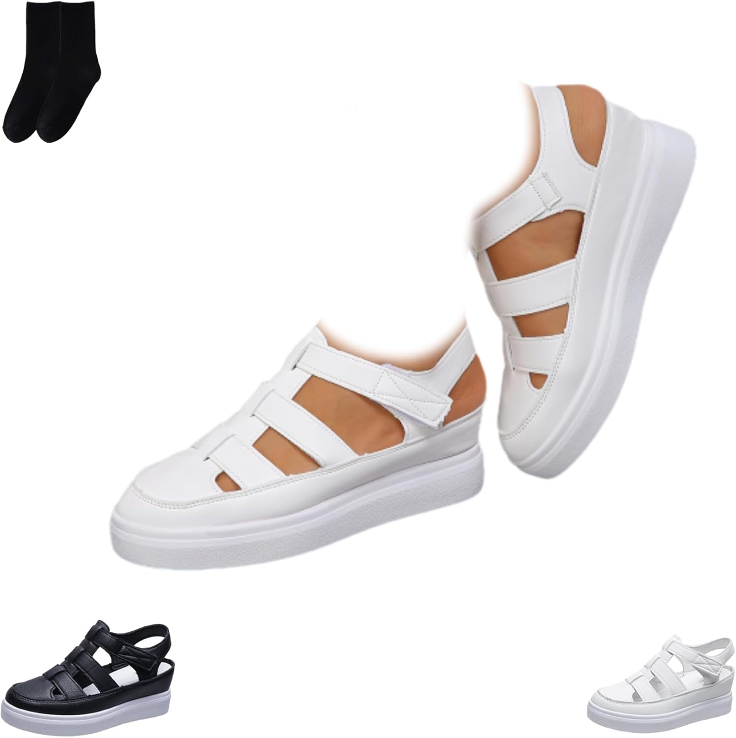 Women's Hollow Out Breathable Leather Orthopedic Closed Toe Platform Sandals, Womens Outdoor Summer Casual Non-slip Lightweight and Comfortable Adjustable Walking Sandals