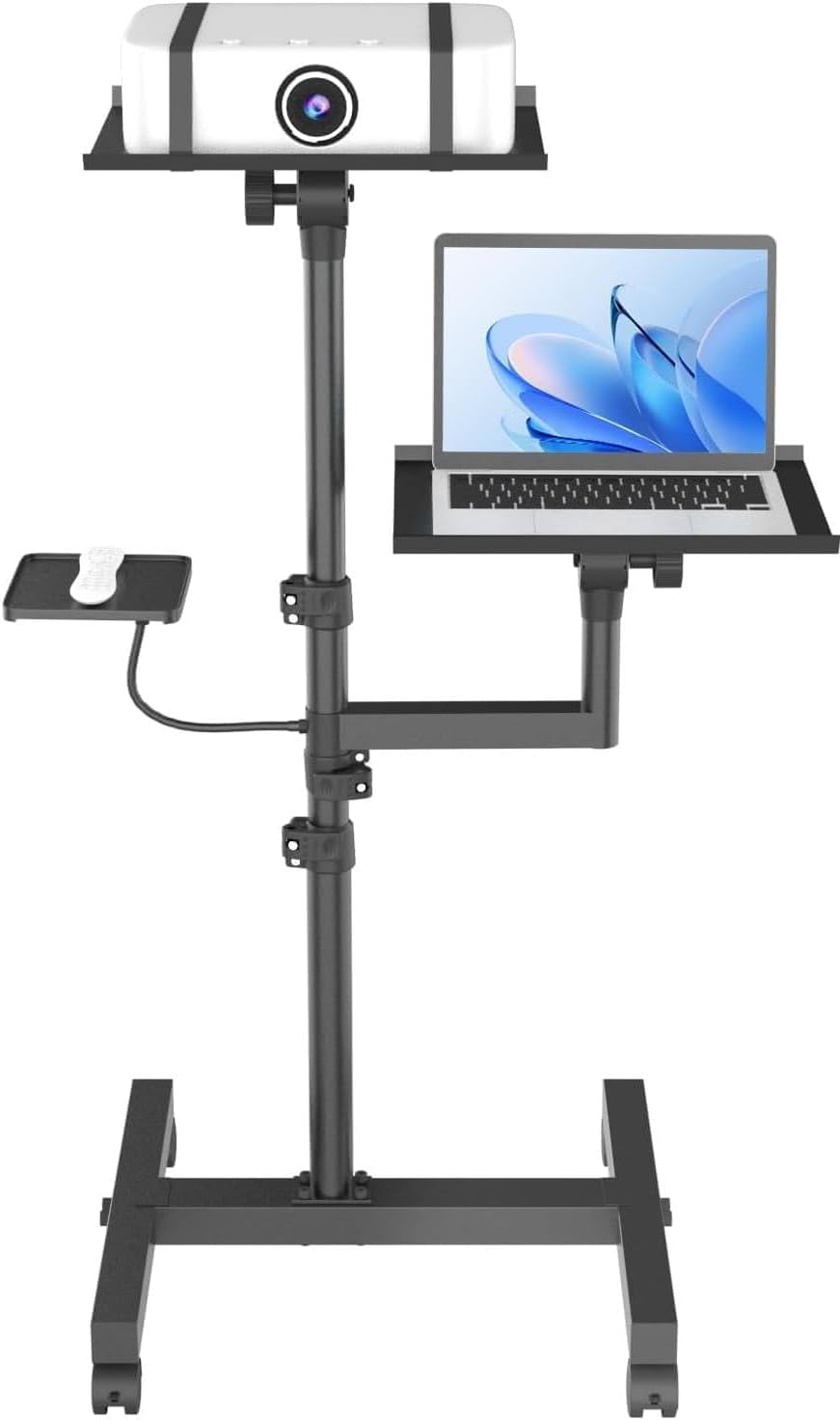 2 Shelves Mobile Projector Stand, Rolling Laptop Stand Adjustable Height to 47 Inches, Podium Stands with Ventilated Tray, Heavy Duty, Laptop Floor Stand for Office, Home, Stage, DJ