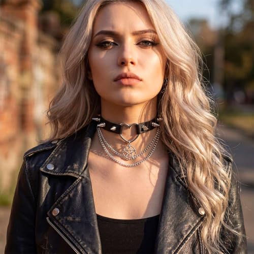 Zoestar Punk-Lederhalsband, schwarz, Gothic-Halsband, Herz-Halsband mit Spikes, Party-Halskette für Damen