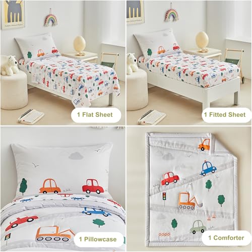 Image of DuShow 4 Pieces Cars Toddler Bedding Set for Boys,Soft Toddler Bed Set in a Bag,Toddler Bed Comforter Set Includes Quilted Comforter, Flat Sheet, Fitted Sheet and Pillowcase