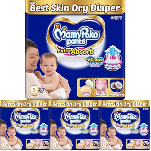Image of MamyPoko Pants Extra Absorb Baby Diapers, Small (S size) | 4-8 kg | 87 Count |Deep Sleep Diapers| Soft gentle fit |Deep Absorbent Crisscross | skin friendly with coconut oil | (Pack of 4)