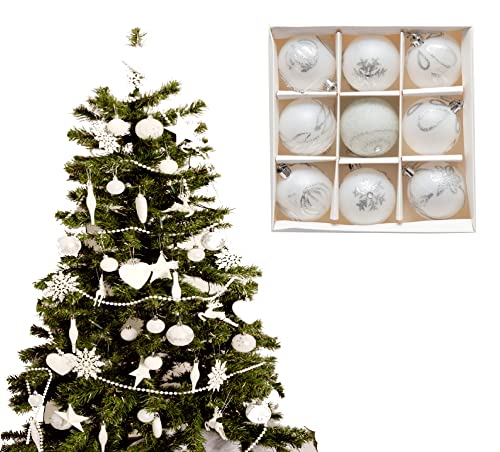 9 piezas de bolas de lujo premium, decoraciones de bolas para árbol de Navidad mate, con purpurina, brillantes y heladas (6 cm) (blanco)