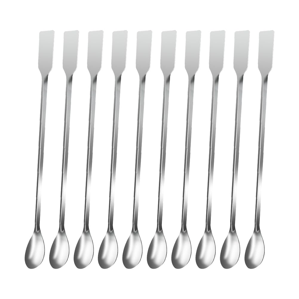 Hugede Silver 10 Pcs 20Cm Stainless Steel Lab Spoons Lab Mixing Spatulas Laboratory Scoops Spoons Micro Scoops Science Laboratory Spoons