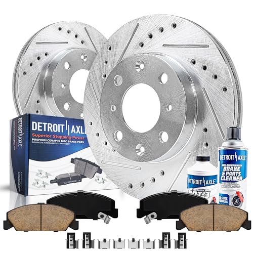 Image of Detroit Axle - Drilled & Slotted Front Brake Kit for 1990-2000 Honda Civic | 1990-1991 CRX Brake Rotors Ceramic Brake Pads 1992 1993 1994 1995 1996 1997 1998 1999 Replacement 9.45 inch inch Rotor