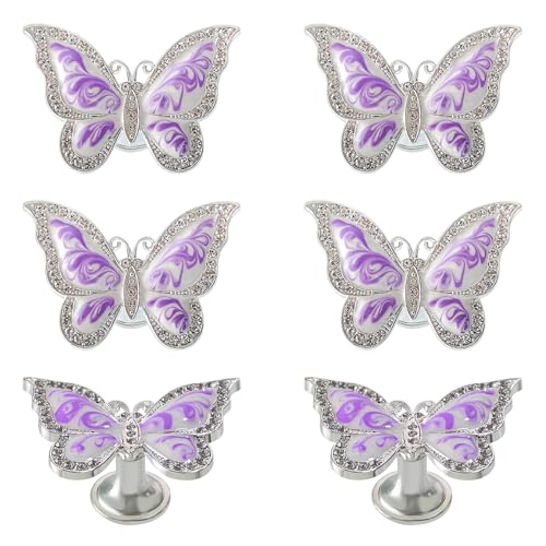 Image of Xinally Butterfly Cabinet Knobs,6 Pieces Butterfly Knobs Single Hole Pulls Handles Decorative Door Cabinet Drawer Cupboard Furniture Door Wardrobe (Purple)