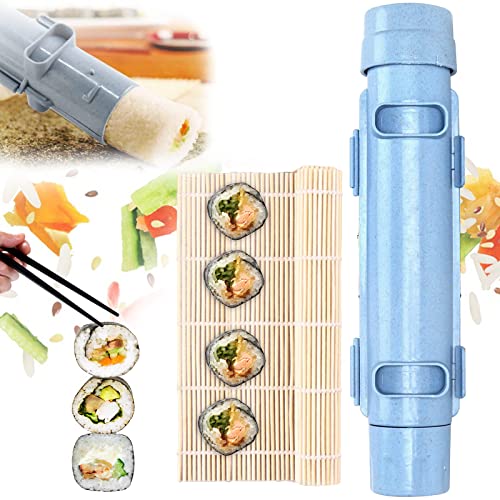 Sushi Maker Kit Sushi Appareil à Sushi Machine a Sushi Outil DIY Sushi Bazooka Moule Sushi Maker Roller Kit Sushi Maki Légumes Viande Rouler Cuisine Accessoire Bleu avec 1 Rideau de Bambou Sushi