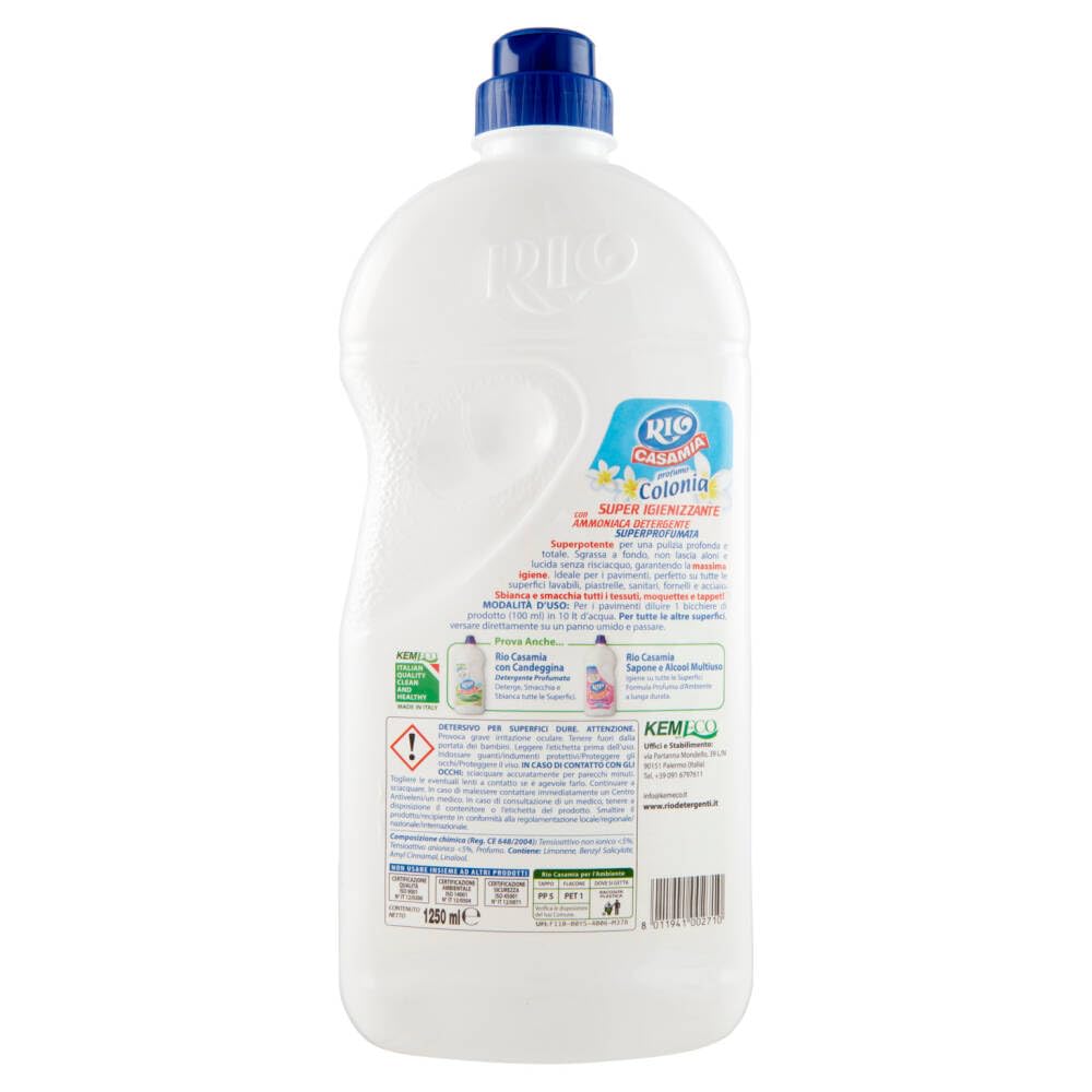 9x Rio Casa Mia - Super Igiene con Ammoniaca - Profumo Colonia - Detergente per Pavimenti e Superfici 1250ml + Portachiavi Beni Culinari in Omaggio