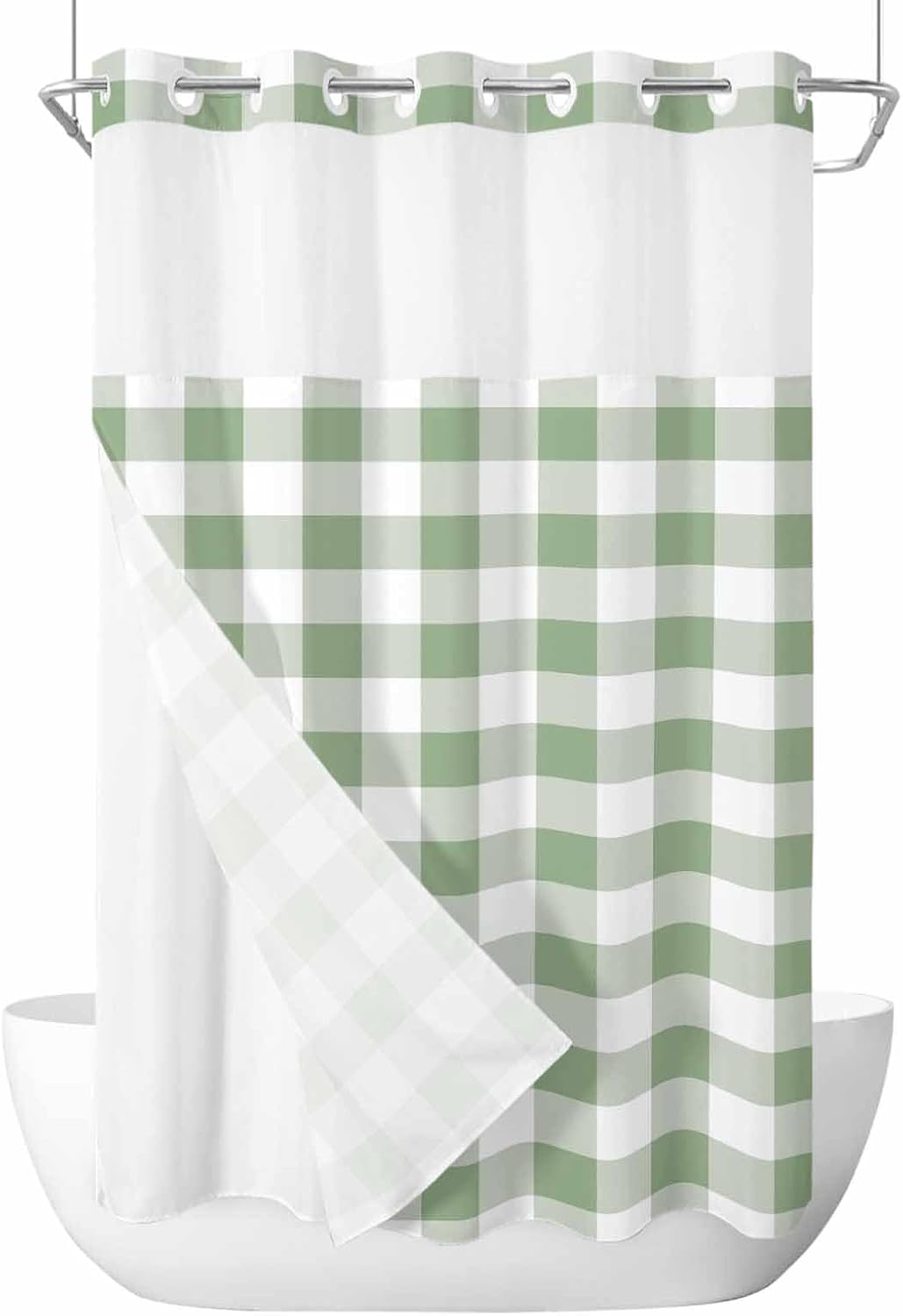 Shower Curtain with Snap-in Fabric Liner Set Black White Plaid No Hooks Bathroom Curtains with See Through Top Window Buffalo Check Waterproof and Washable 72X72 inch