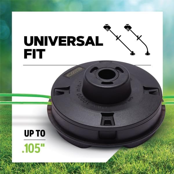 Oregon Universal Fixed Line Trimmer Head with 'Universal Fit' text and diagrams of different trimmer shafts