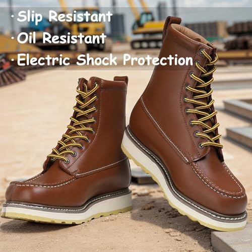Image of Brown Men's Leather Work Boots - 4 /6 /8 Inch Composite & Soft Toe, Slip Resistant, Oil Resistant, Electrical Hazard, Mark Toe Construction Footwear