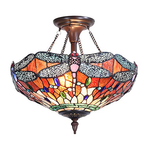 Capulina Tiffany Ceiling Light Pendant Lamp Dragonfly Stained Glass Ceiling Light Hanging Light Fixtures W15.7" for Living Room Bedroom Hallway