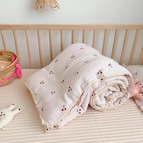 Image of BuLuTu Kids Toddler Muslin Cotton Quilted Blanket 60x78 Inches, Cute Cherry Print Children Comforter for Toddler /Twin Bed, Soft Breathable Boys Girls Quilt, Machine Washable