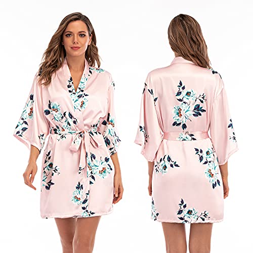 Escalier Women's Silk Satin Pajamas Sets 2Pcs Floral Silky Pj Robe Set With Chemise Nightgown Pink Floral S #TOP1