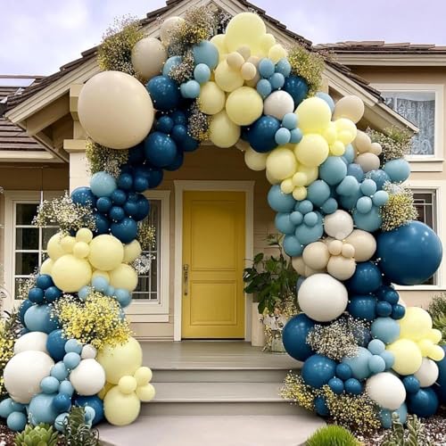 Image of Blue Yellow Balloon Arch Double Stuffed Dusty Navy Blue Light Yellow Cream White Balloon Garland Kit for Baby Shower Birthday Bridal Wedding Lemon Graduation Party Decorations