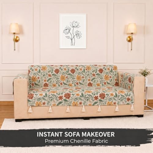 Image of STITCHNEST 'Eden Weaves Collection Series' 3 Seater Sofa Cover | Full Coverage with Armrest Pockets | Elegant Woven Fabric, Decorative Tassels, Washable & Durable for Modern Living