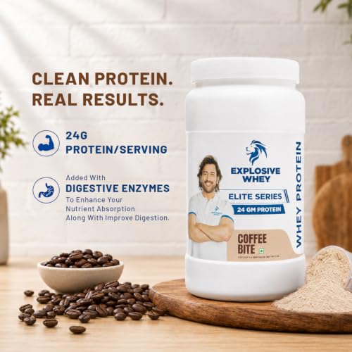 Image of Explosive Whey Elite Series Whey Protein - Trusted by M.S. Dhoni | 24g Protein per Scoop | Premium Concentrate Sport Supplement for Enhanced Muscle Growth and Recovery | Coffee Bite - 1kg (30 Servings), Trustified Certified