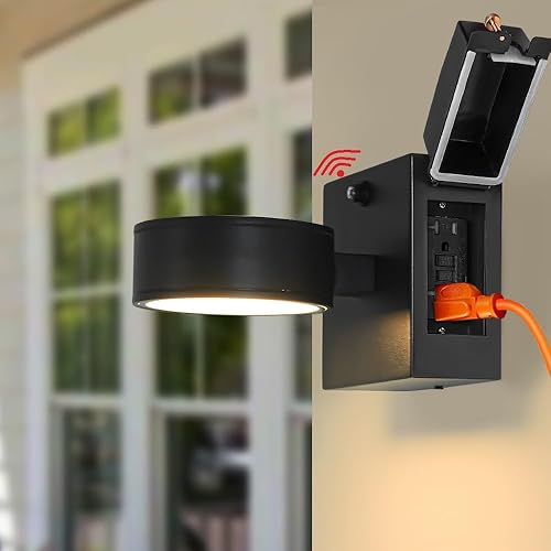 Double century Luz de porche con tomacorriente, aplique de pared al aire libre del anochecer al amanecer, luz exterior de pared LED para exteriores,