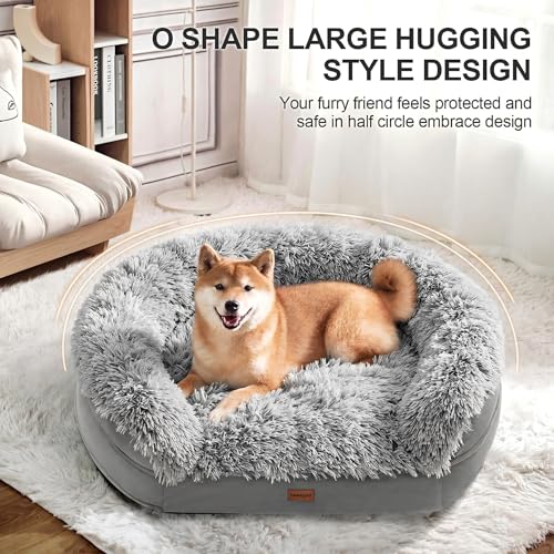 Image of iweepet Fluffy Calming Orthopedic Dog Beds for Large & Extra Large Dogs, Supportive Dog Sofa Bed with 3.7 inch 28D Egg-Crate Foam, Removable Washable Plush Cover, Waterproof Lining,44'',Grey