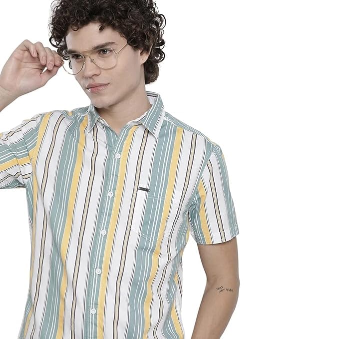 Image of The Indian Garage Co Men Regular Fit Striped Half Sleeves Cutaway Collar Casual Shirt