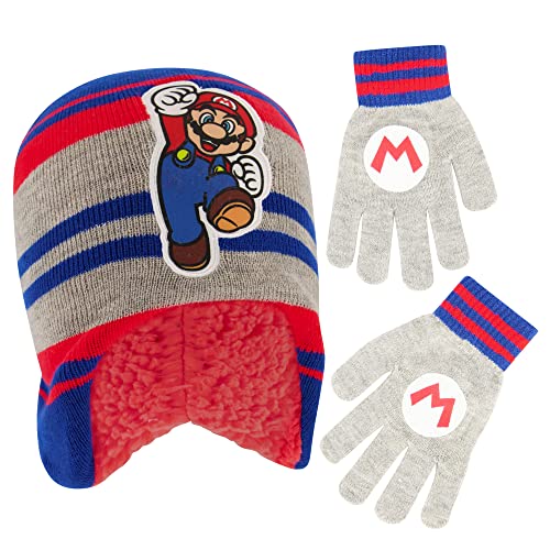 Nintendo Boys Winter Hat And Kids Gloves Set, Super Mario Beanie For Ages 4-7, GRAY/BLUE with Fleece