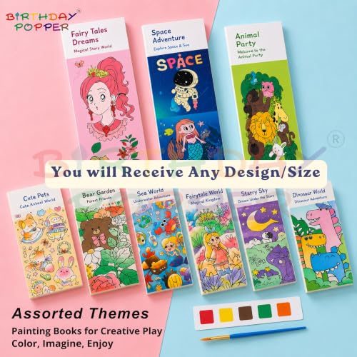 Image of Birthday Popper Pocket Watercolor Painting Book for Kids - Set of 10 as Birthday Return Gift | 20 Pages | DIY Coloring Book with Brush | Random Mixed Fun Themes| Travel-Friendly for Boys & Girls Age 3+