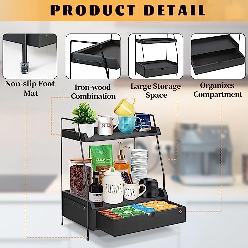 Coffee Bar Accessories and Organizer Countertop, Coffee Station Organizer with Drawer Wood Kitchen Countertop Organizer, Condiment and Snack Organizer for Kitchen, Office, Bathroom (Black)