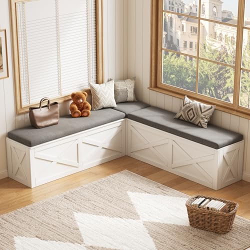 NDOHCUO L-Shape Storage Bench with Cushion Farmhouse Corner Dining Bench Kitchen Breakfast Nook Bench with Hidden Storage for Dining Room Entryway Cloakroom White