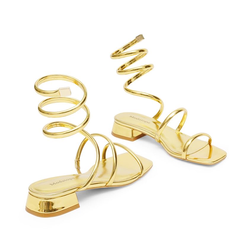 Modatope Two Strap Square Open Toe Strappy Sandals Low Block Heels Spiral Ankle Warp Strap Gladiator Sandals - Image 6