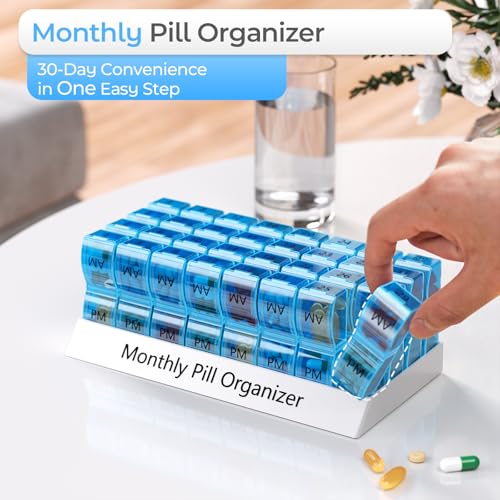 Image of Monthly Pill Organizer 2 Times a Day, 30 Day Pill Box Organizer, One Month AM PM Pill Case Small Compartments to Hold Vitamin and 31 Day Travel Medicine Organizer, 4 Week Pill Cases (Blue) | Ultra-Compact, Pocket-Sized, Ultra-Light, Featherweight, Monthly Tracking, Daily Dose, Detachable Lid, Easy-Clean, BPA-Free