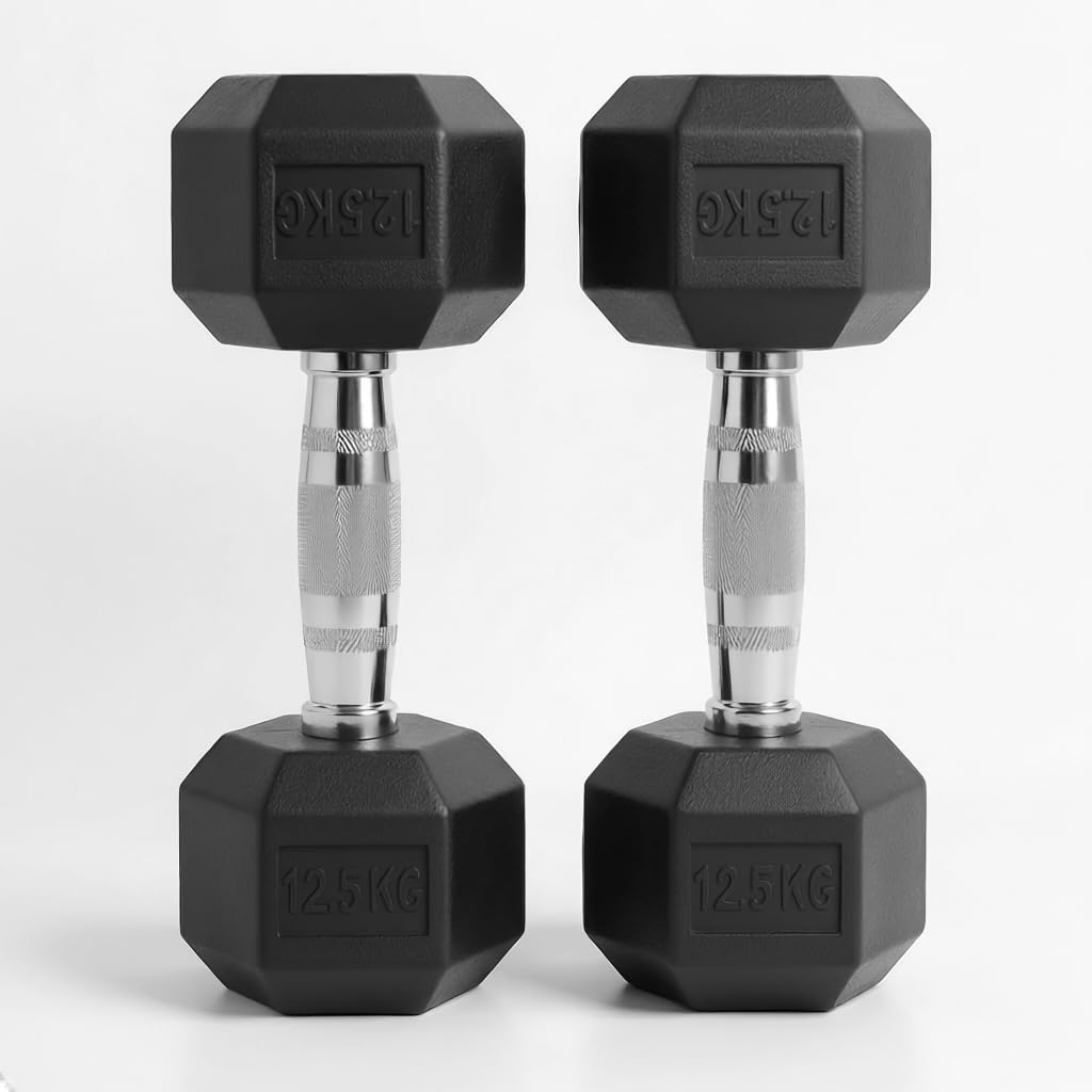 Hex Dumbbells Pair (2.5kg–30kg) | Rubber-Encased Cast Iron Hand Weights Anti-Roll Hex Design Strength Training & Home Gym Fitness Equipment for Men & Women (Black, 12.5KG Pair) — image 1