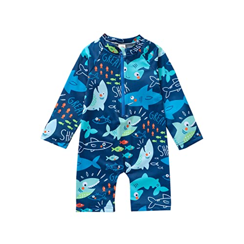 Image of Newborn Infant Baby Boy Girls Shark One Piece Swimsuit Short Sleeve Zip Up Rash Guard Swimwear Sun Protection Bathing Suits