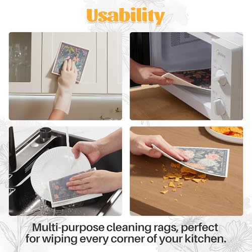Image of JOYMOOP 12 Pack Decorate Cleaning Cloth (Simple Floral of Decorative Series), Reusable Absorbent Dish Towels, Non-Scratch Washable Rags for Cookware, Kitchen and Household Cleaning - 6.7x7.9 inch