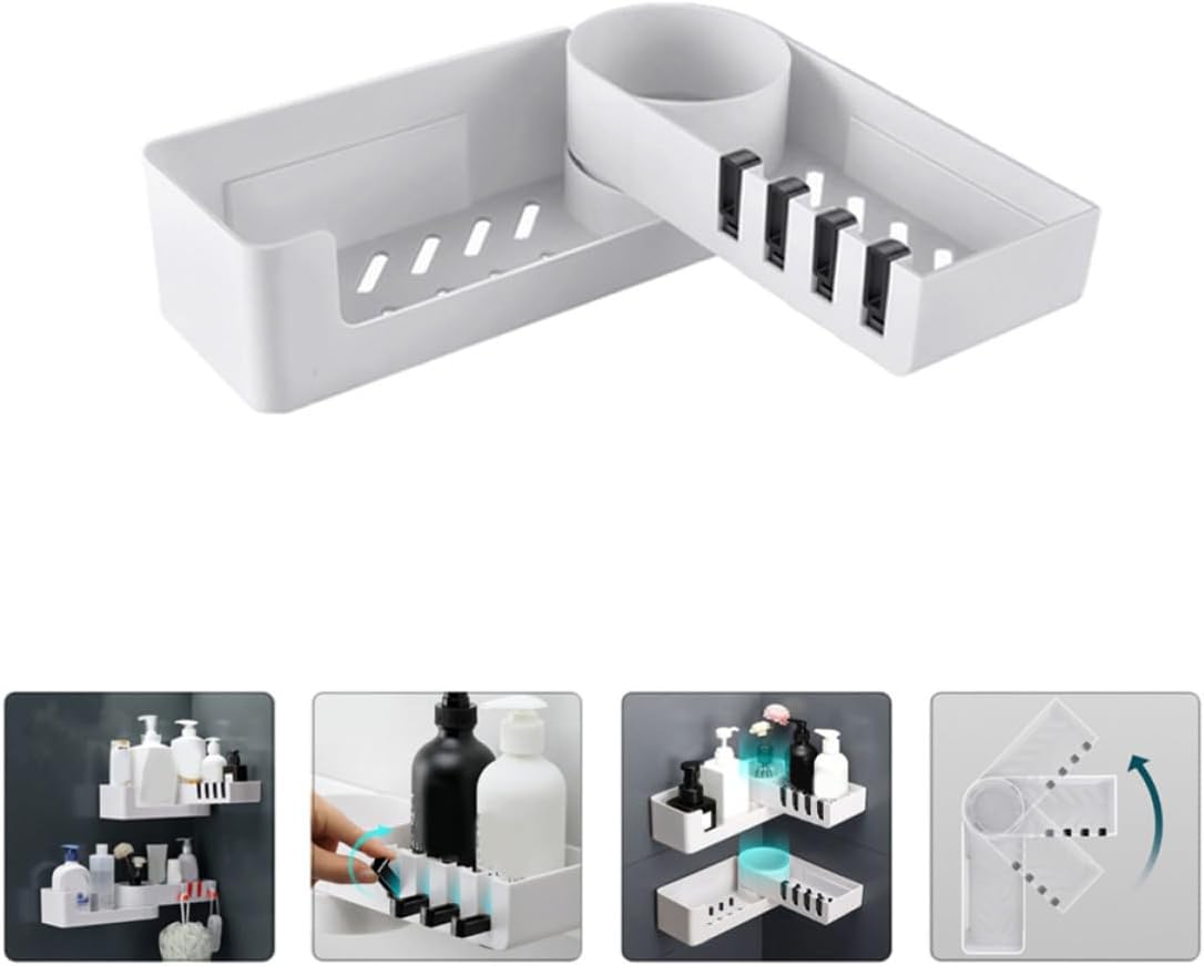 Gadpiparty Rotatable Wall-mounted Bathroom Storage Rack with Punch Adhesive, Plastic Shower Caddy Shelf with Storage Compartment for Hotel and Washroom Organization