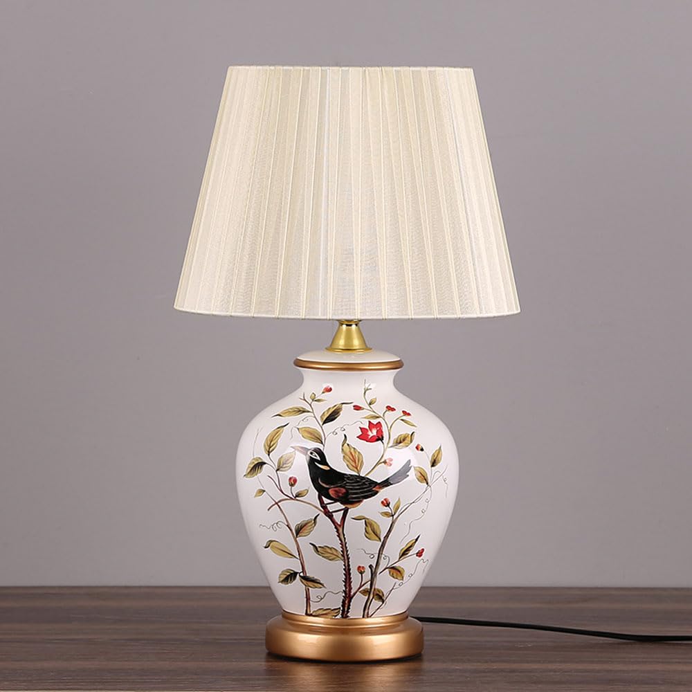 asdchZen American Flower And Bird Ceramic Table Lamp,Chinoiserie E27 Table Lamp, Classic Cottage Bedside Desk Nightstand Lamp For Bedroom Living Room Office College Bookcase-B,C