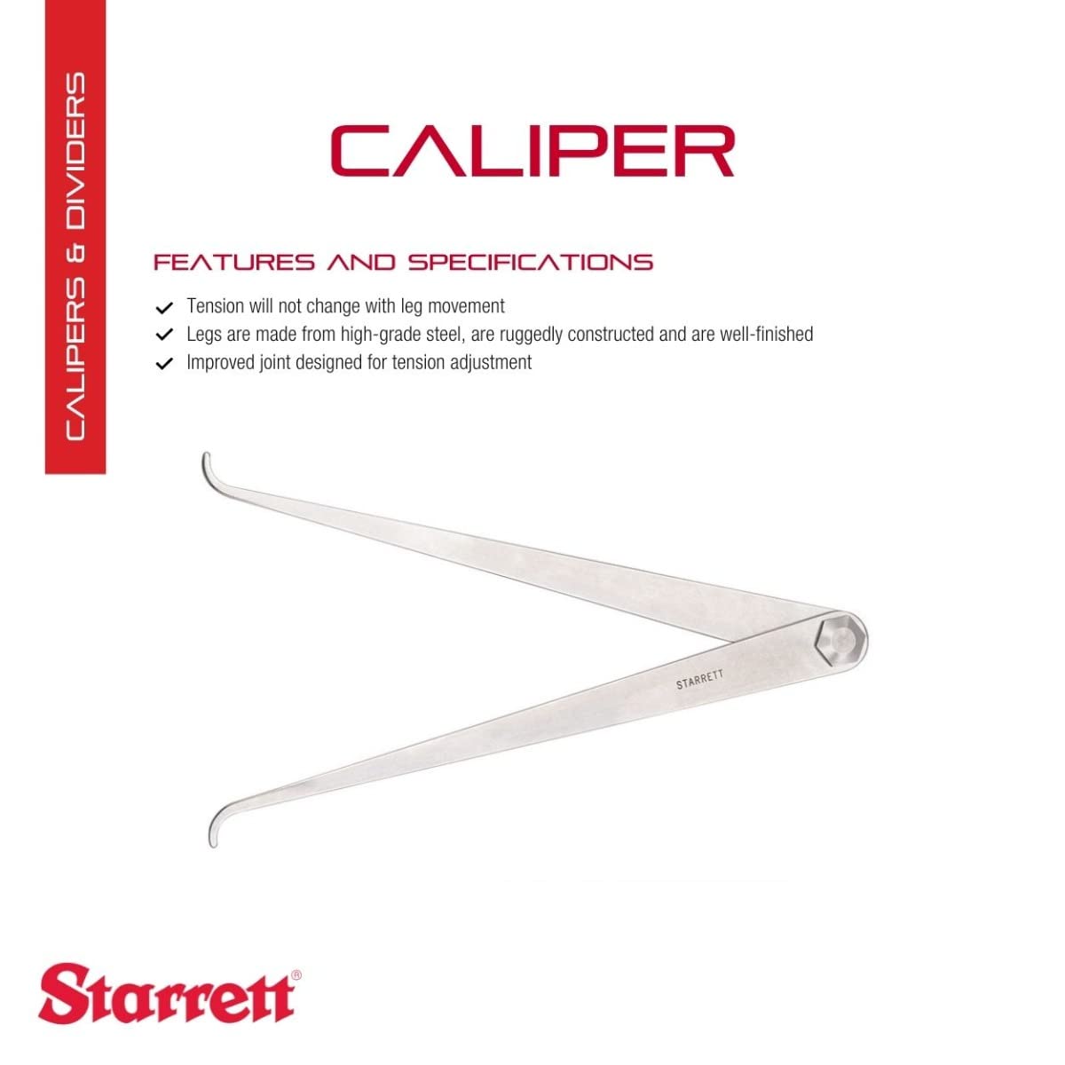 Starrett Caliper with High-Grade Steel Legs and Improved Joint Design for Tension Adjustment - 12" Size and Capacity, Firm-Joint Type, Flat Leg Style - 27-12