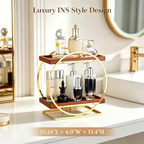YIWANFW 2-Tier Bathroom Organizer Countertop, Wooden Gold Perfume Organizer - image 2