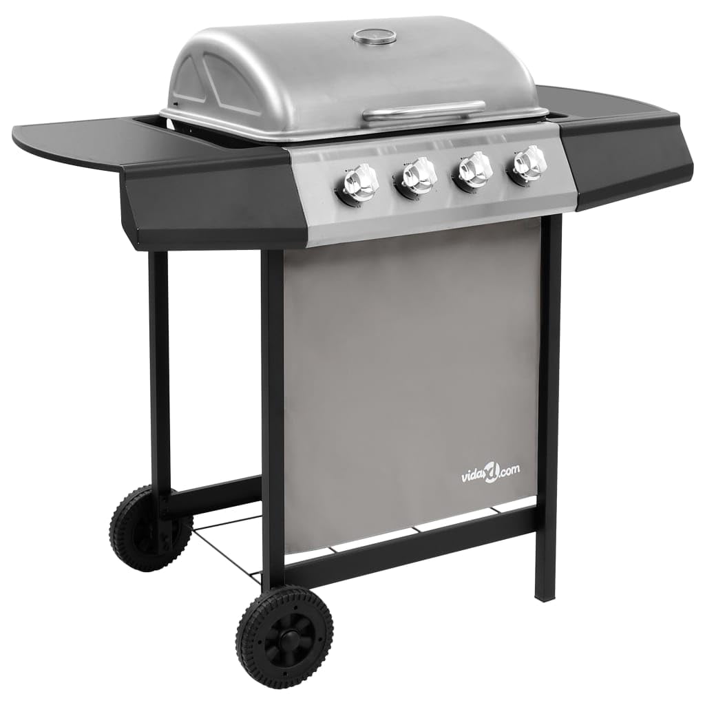 vidaXL Gas BBQ Grill with 4 Burners Stylish Functional Sturdy Castors Backyard Outdoor Natural Gas Side Burner Cooking Barbecue Black and Silver