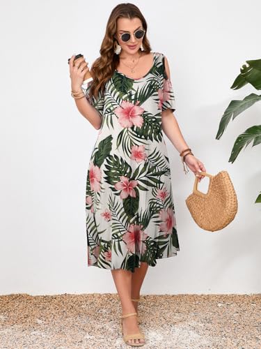 Image of LARACE Plus Size Women Dress for Summer, Midi Women's Sundress, Casual V-Neck Short Sleeve Flowy T-Shirt Dresses with Pockets