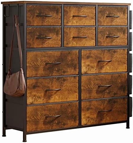12 Dresser for Bedroom, Chest of Drawers for Bedroom with Side Pockets and Hooks, Fabric Storage Dresser, Sturdy Steel Frame, Wood Top, Easy Pull Handle (Rustic Brown)